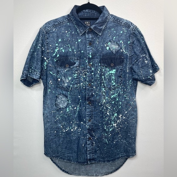 Enter The Void Shirt Mens Medium Denim Button Down Distressed Lived In Paint - Picture 1 of 5